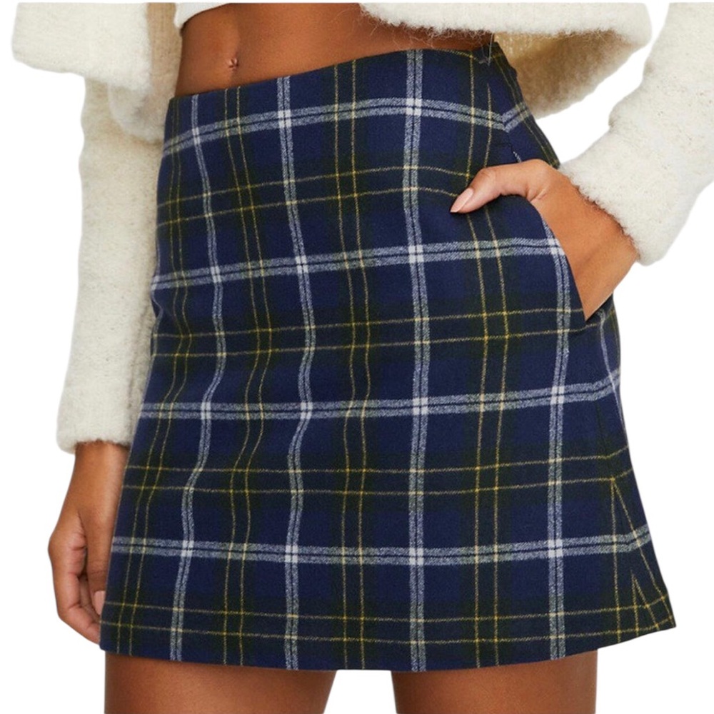 ARITZIA Wilfred Blue Yellow Wool Cashmere Plaid A-Line Mini Skirt Size 2 XS